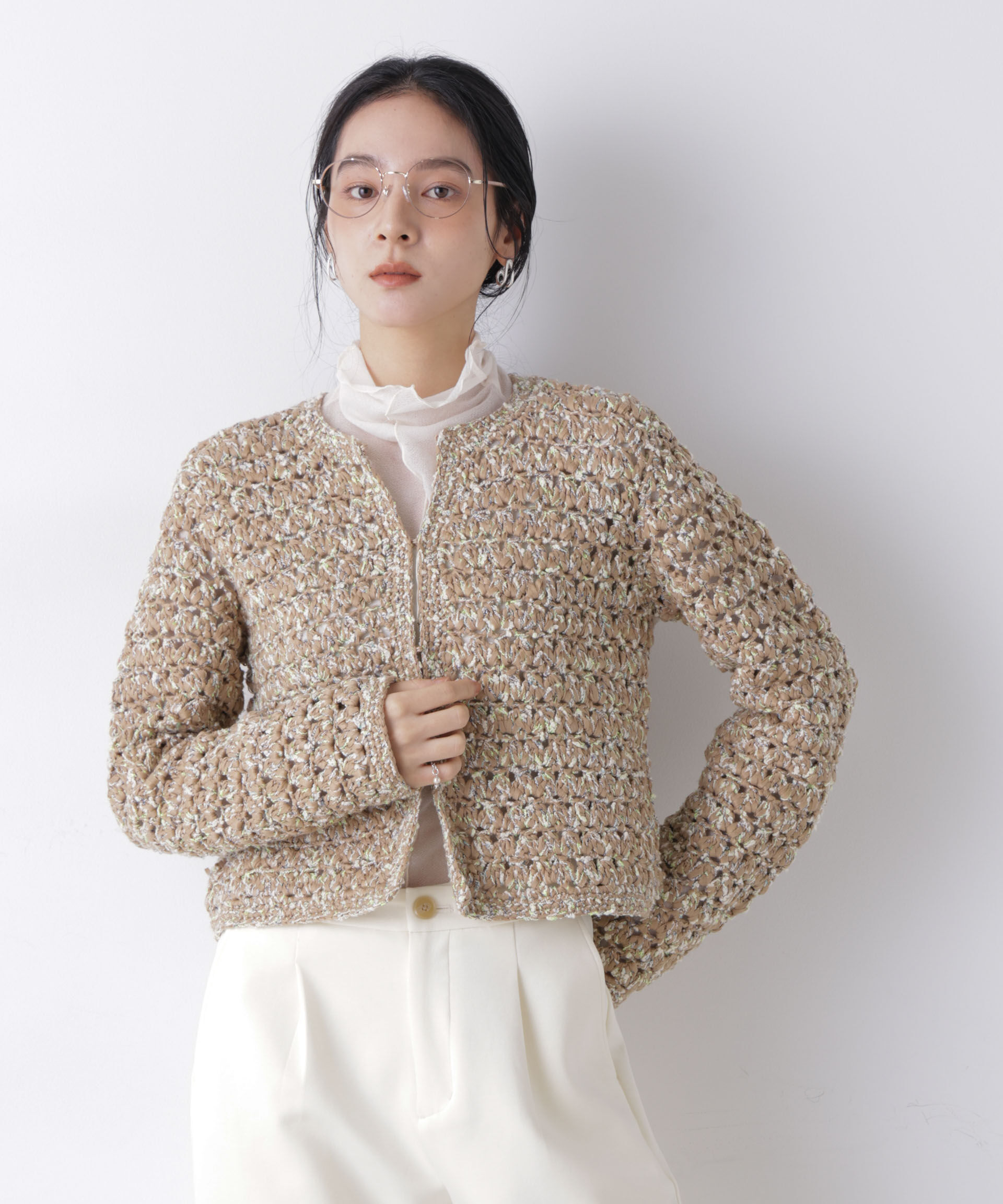 nano･universe「ミックスヤーンクロシェカーディガン」|ニット・セーター|