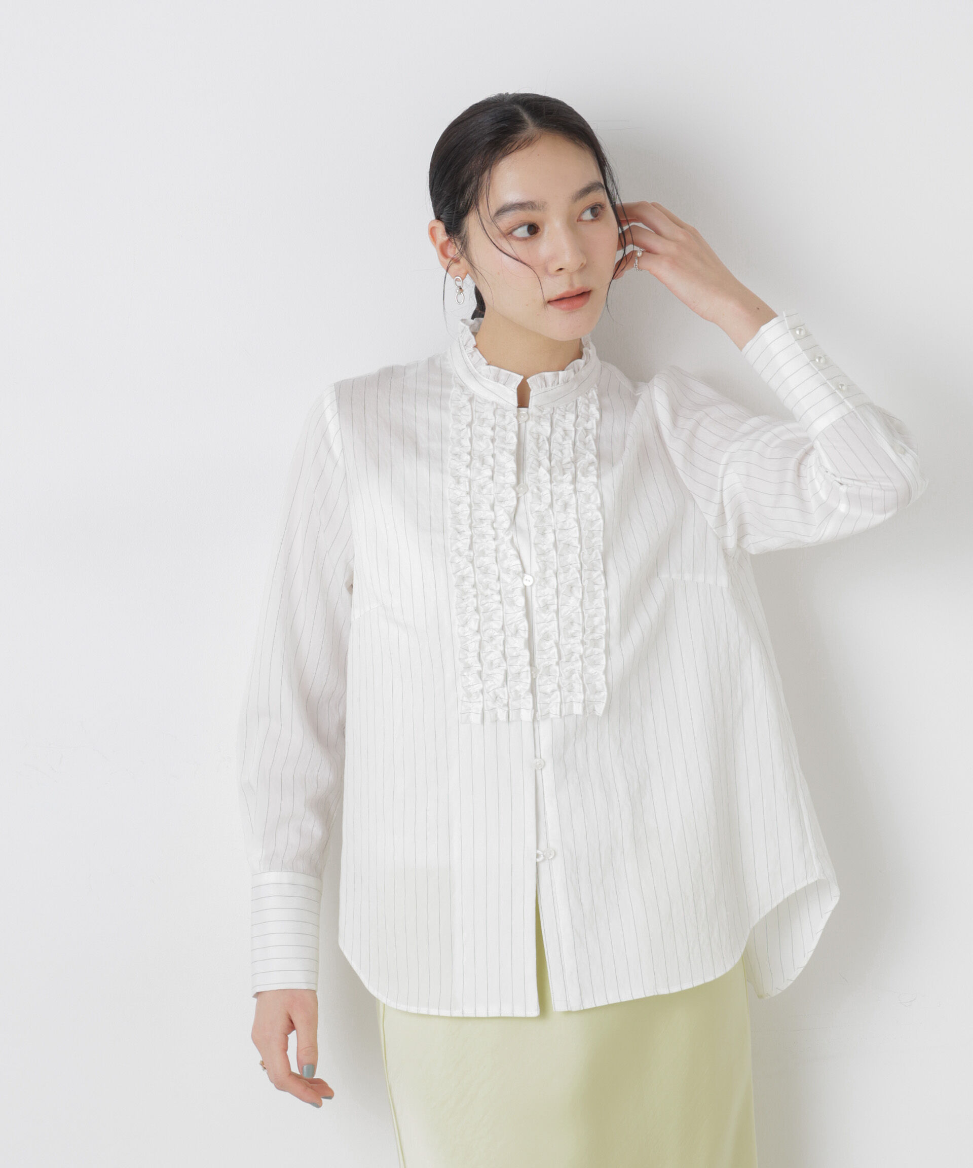 nano･universe「ストライプフリルブラウス」|シャツ・ブラウス|ホワイト