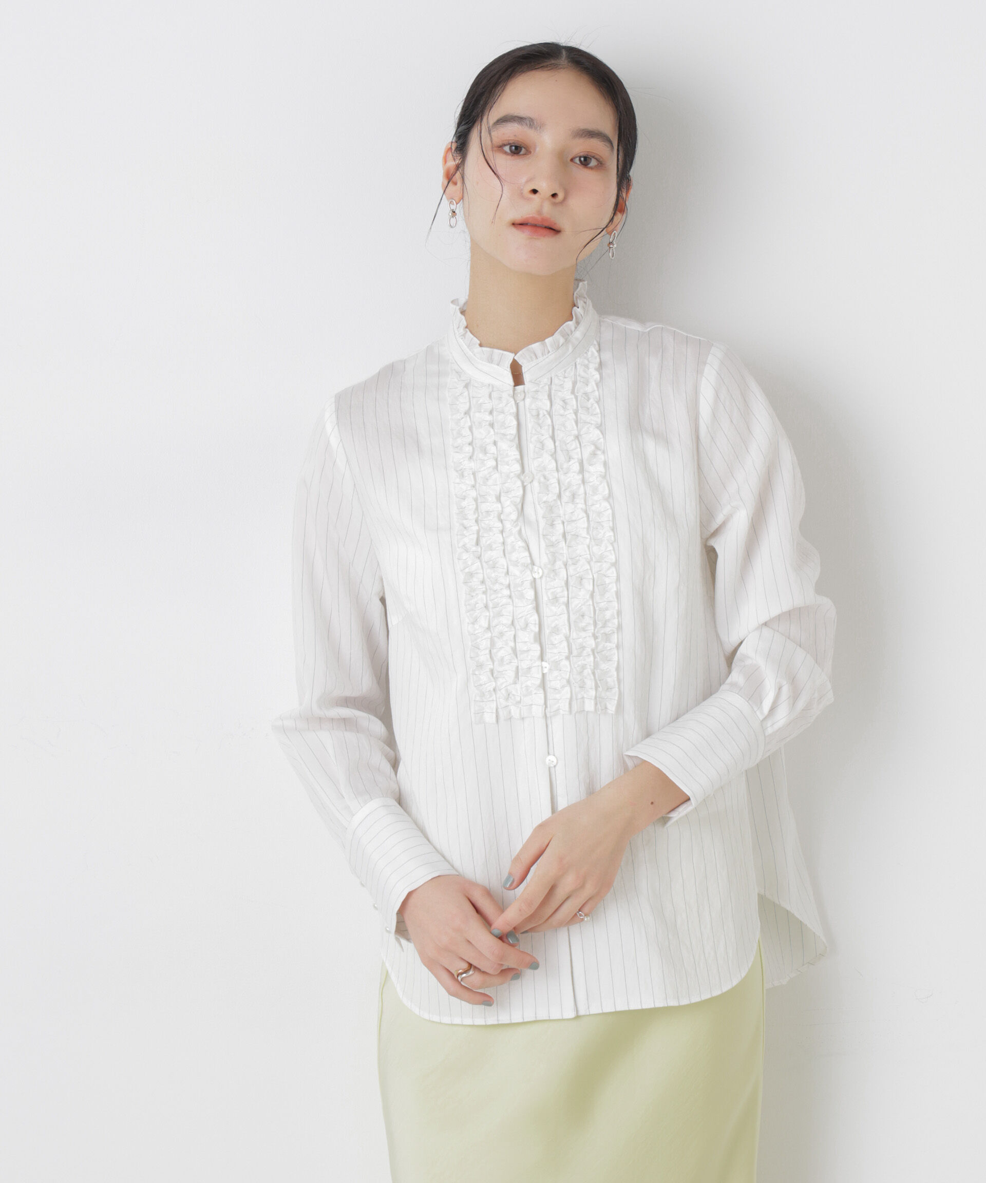 nano･universe「ストライプフリルブラウス」|シャツ・ブラウス|