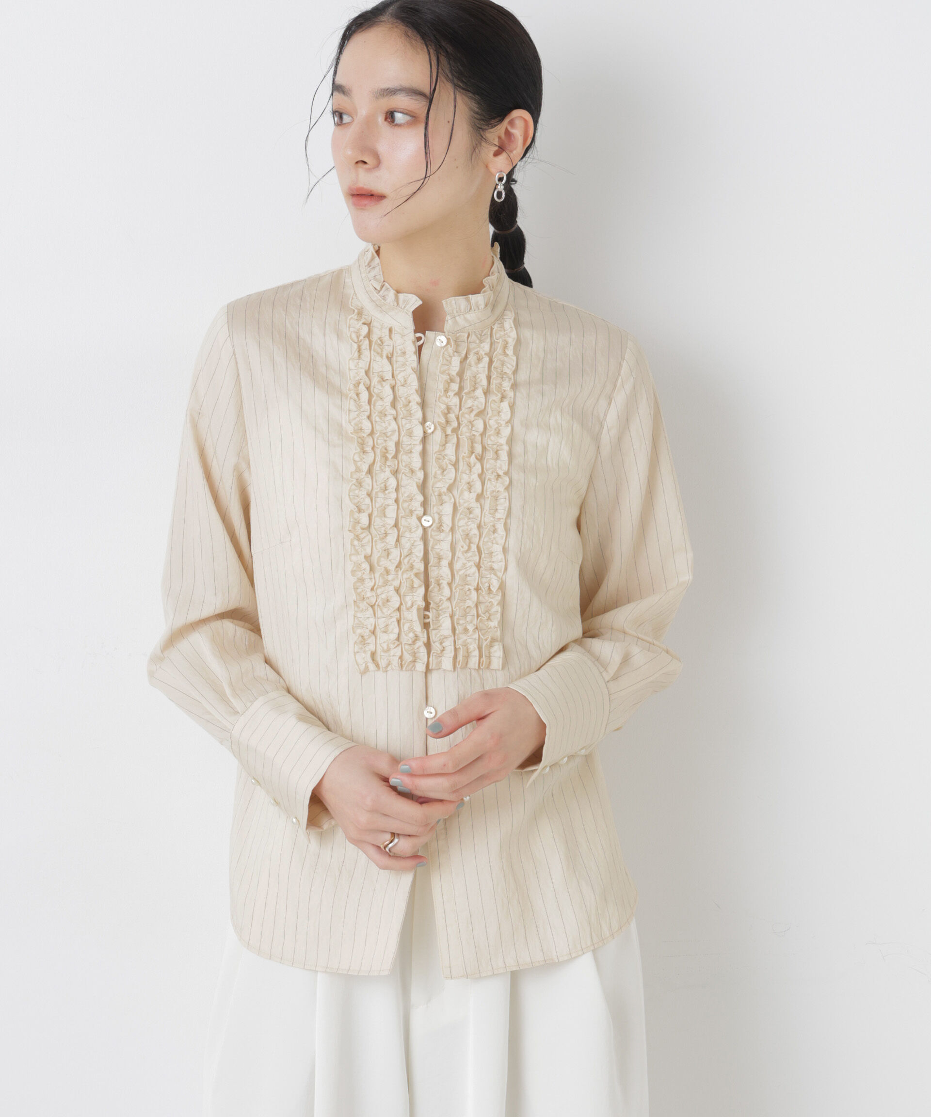 nano･universe「ストライプフリルブラウス」|シャツ・ブラウス|