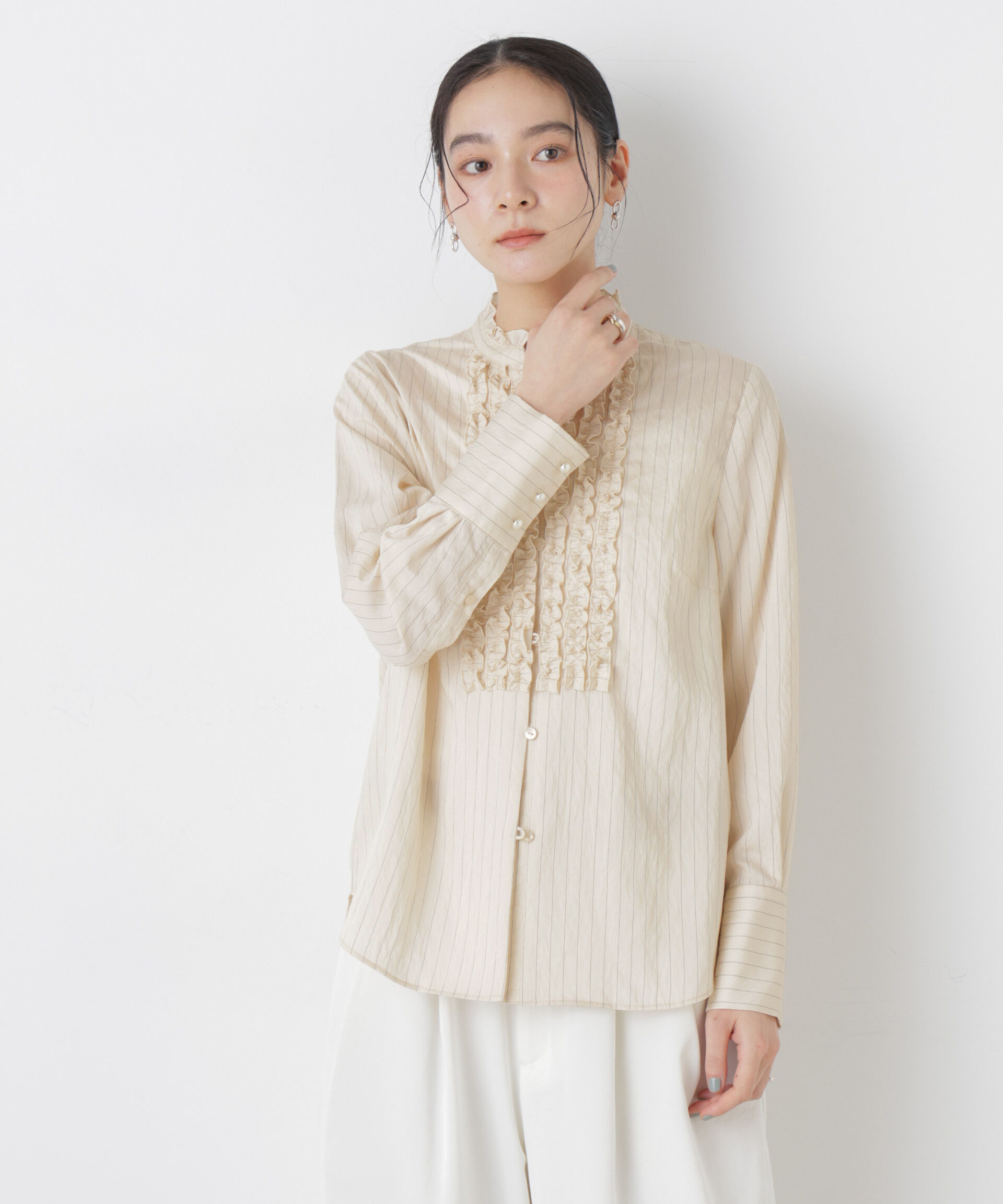 nano･universe「ストライプフリルブラウス」|シャツ・ブラウス|