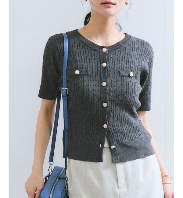 VIS「【WEB限定】エンブレム金釦5分袖ケーブルカーディガン」|カーディガン|チャコール(06)