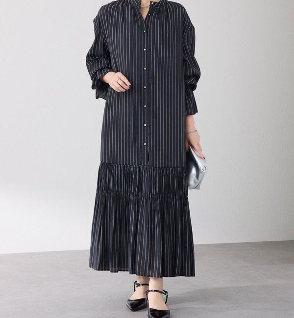  「袖シアーツイルストライプワンピース」|ワンピース|ブラック