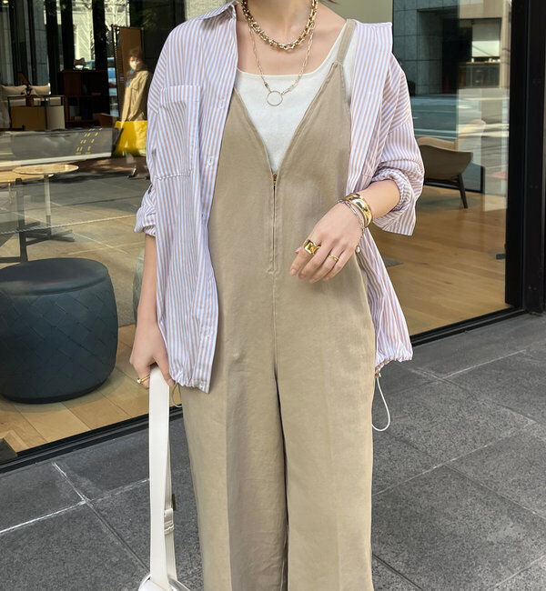  「細紐デニムフロントジップサロペット」|ワンピース|