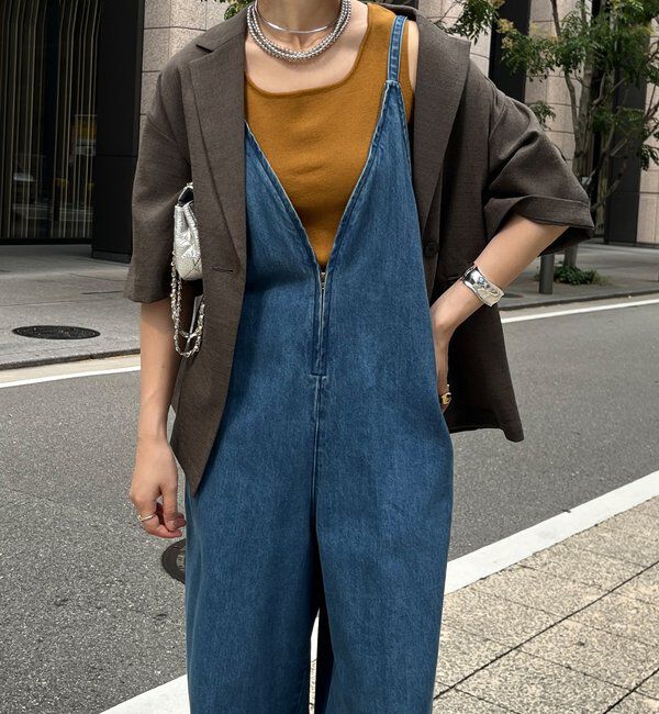  「細紐デニムフロントジップサロペット」|ワンピース|