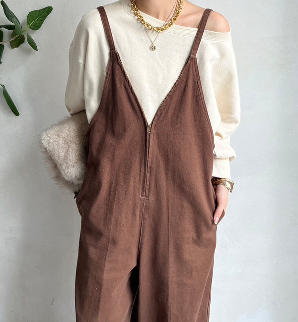  「細紐デニムフロントジップサロペット」|ワンピース|ブラウン