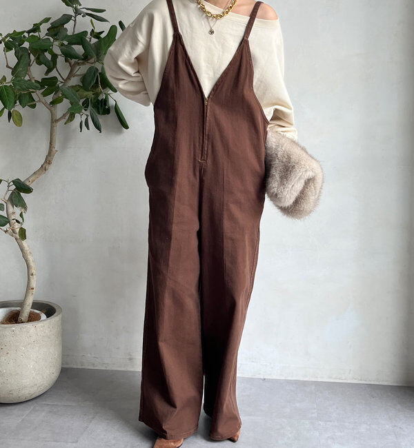  「細紐デニムフロントジップサロペット」|ワンピース|