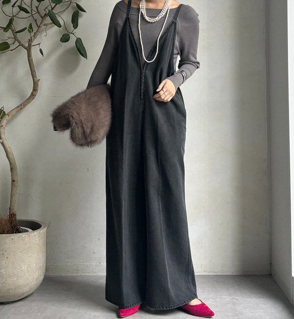  「細紐デニムフロントジップサロペット」|ワンピース|