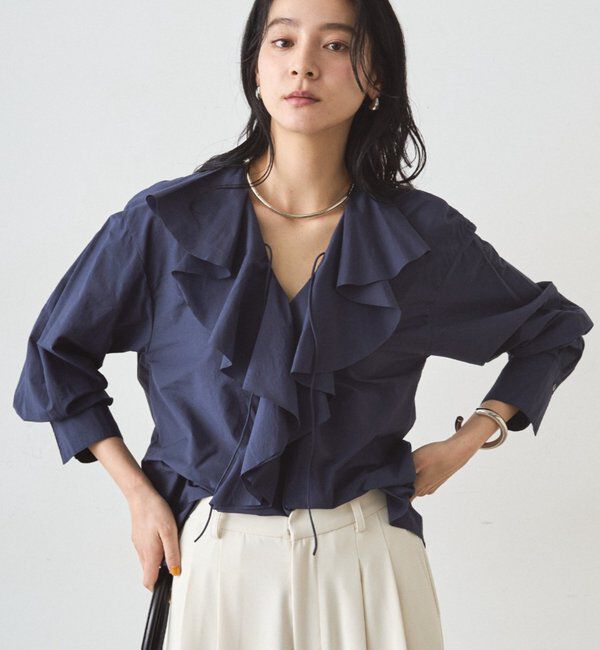  「フリルカラーブラウス」|シャツ・ブラウス|ネイビー