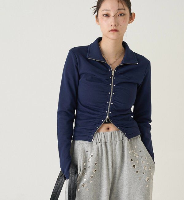  「スタッズジップギャザートップス」|Tシャツ・カットソー|