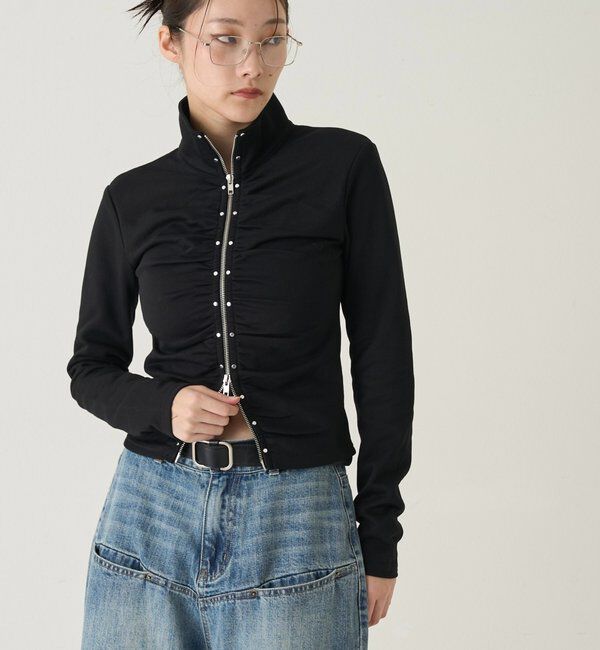  「スタッズジップギャザートップス」|Tシャツ・カットソー|