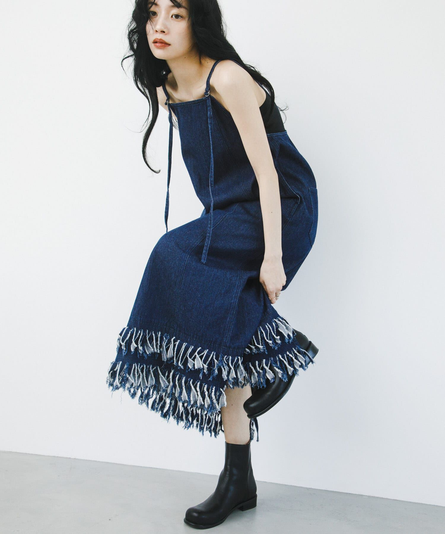  「フリンジデニムキャミワンピース」|ワンピース|ブルー
