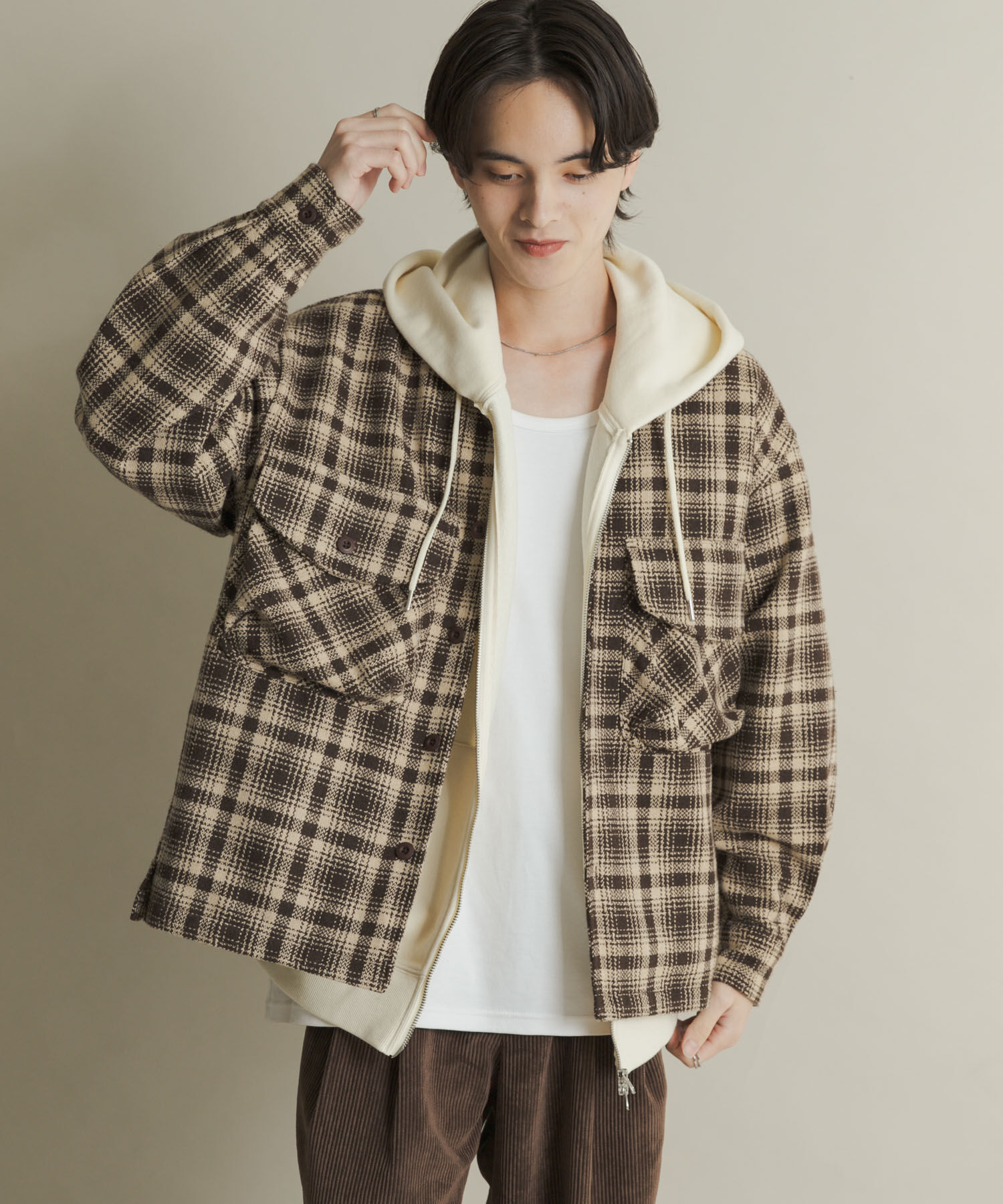 SENSE OF PLACE by URBAN RESEARCH「ヘビーネルチェックシャツジャケット」|ノーカラーコート|