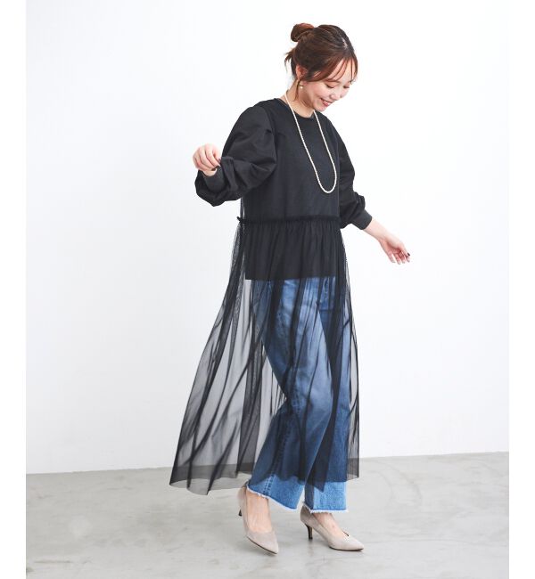 le.coeur blanc「《WEB限定アイテム》チュールワンピース＆タフタスリーブニットSET」|ワンピース|