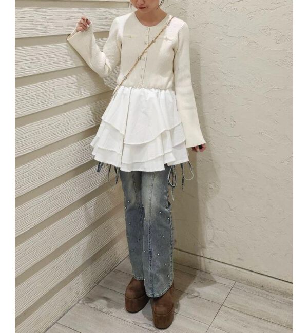  「ニットドッキングティアードミニワンピ」|ワンピース|アイボリー