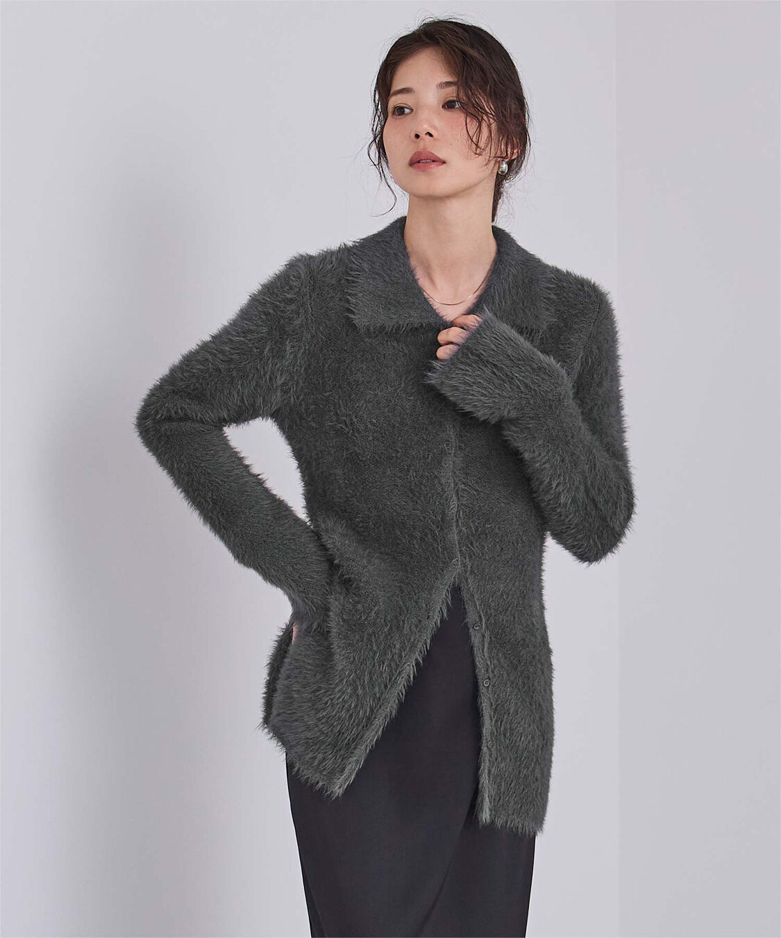 ur's「【yukiさんコラボアイテム】襟付きシャギーニットカーディガン」|ニット・セーター|