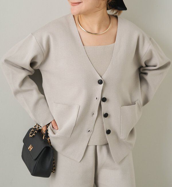  「【3点セット】ワッフルスクエアタンク＆Vネックカーデ+ワイドパンツセットアップ」|カーディガン|