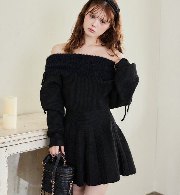  「オフショルプリーツニットミニワンピ」|ワンピース|ブラック