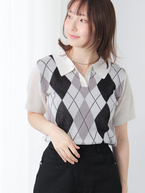 Te chichi TERRASSE「アーガイル開襟ニット」|ニット・セーター|オフホワイト