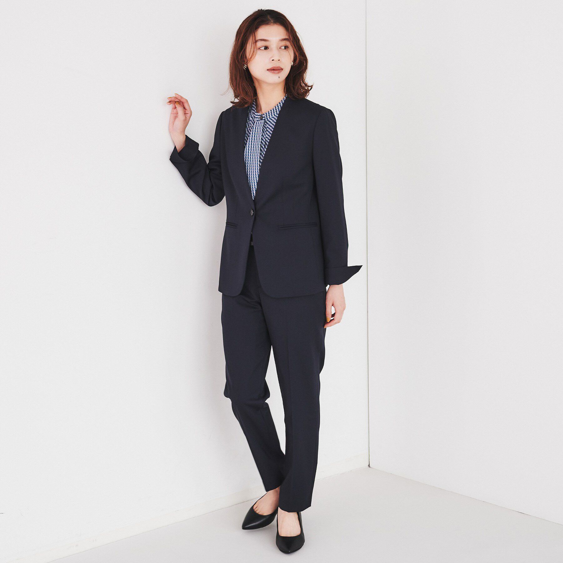 UNTITLED「【洗える通勤スーツ】レジェールギャバ　ストレッチカラーレスジャケット」|ノーカラージャケット|