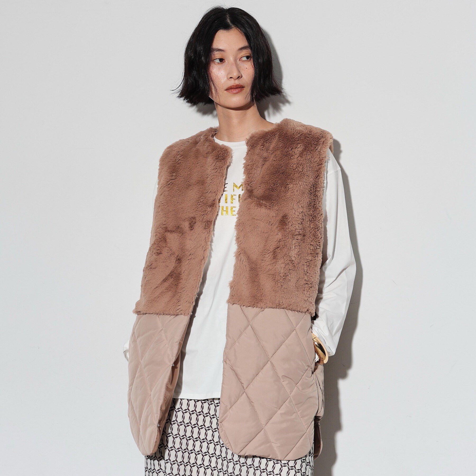 GALLEST「キルティングフェイクファードッキングジレ」|ダウン|