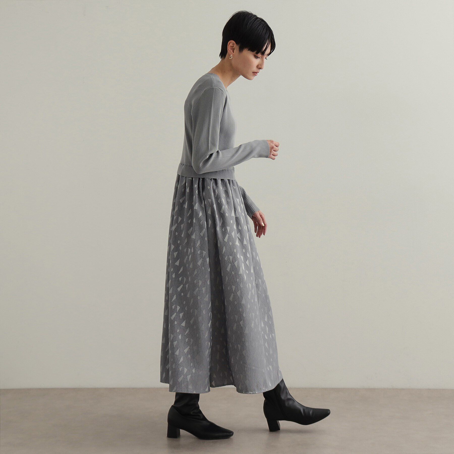 OPAQUE.CLIP「《美人百花掲載》ニット&times;ジャカードドッキングワンピース【洗濯機洗い可/抗ピル】」|ワンピース|