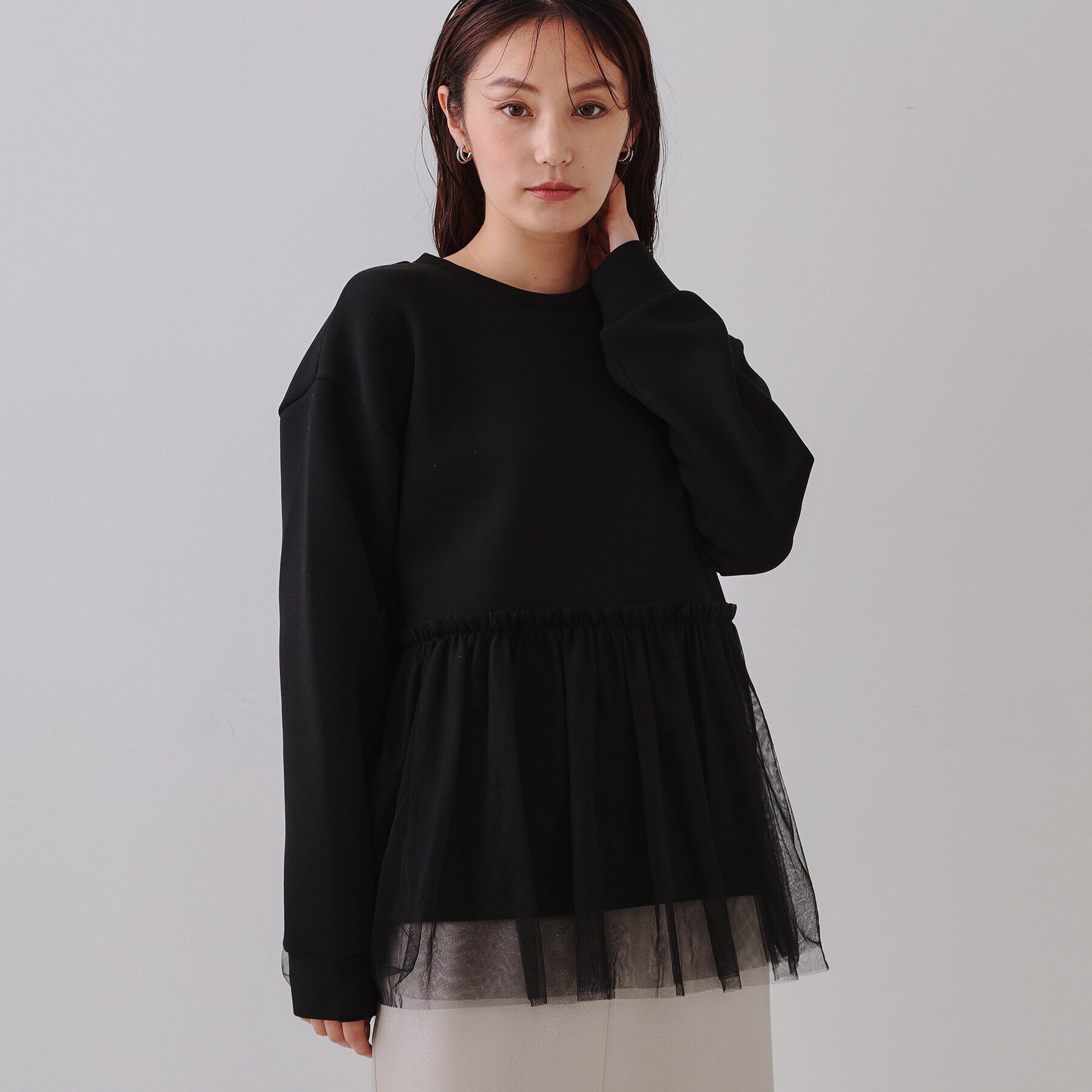 OPAQUE.CLIP「チュールドッキングペプラムトップス【洗濯機洗い可】」|Tシャツ・カットソー|ブラック(019)