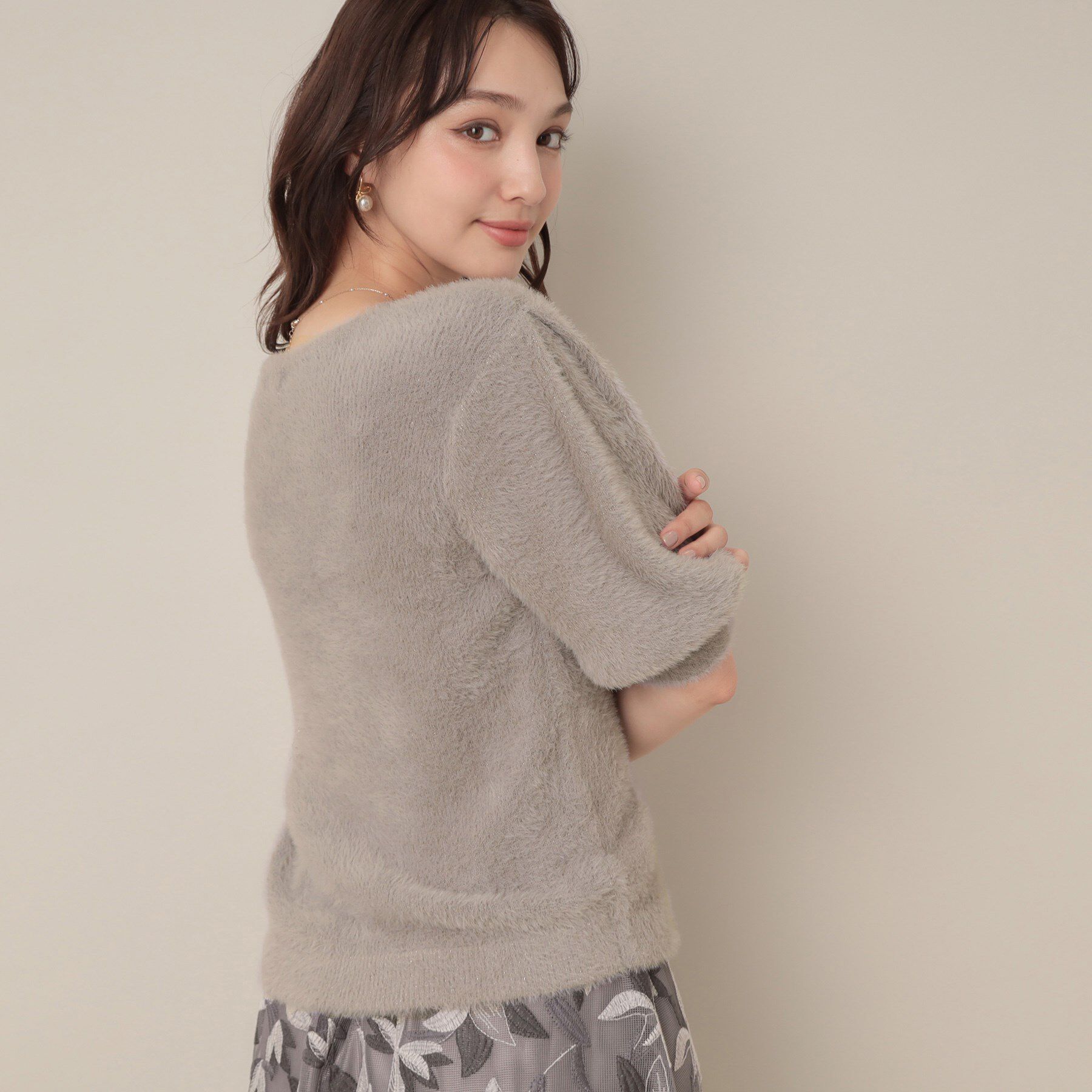 Couture broach「【着映え・5分袖・フェミニン】ラメフェザー半袖ニット」|ニット・セーター|