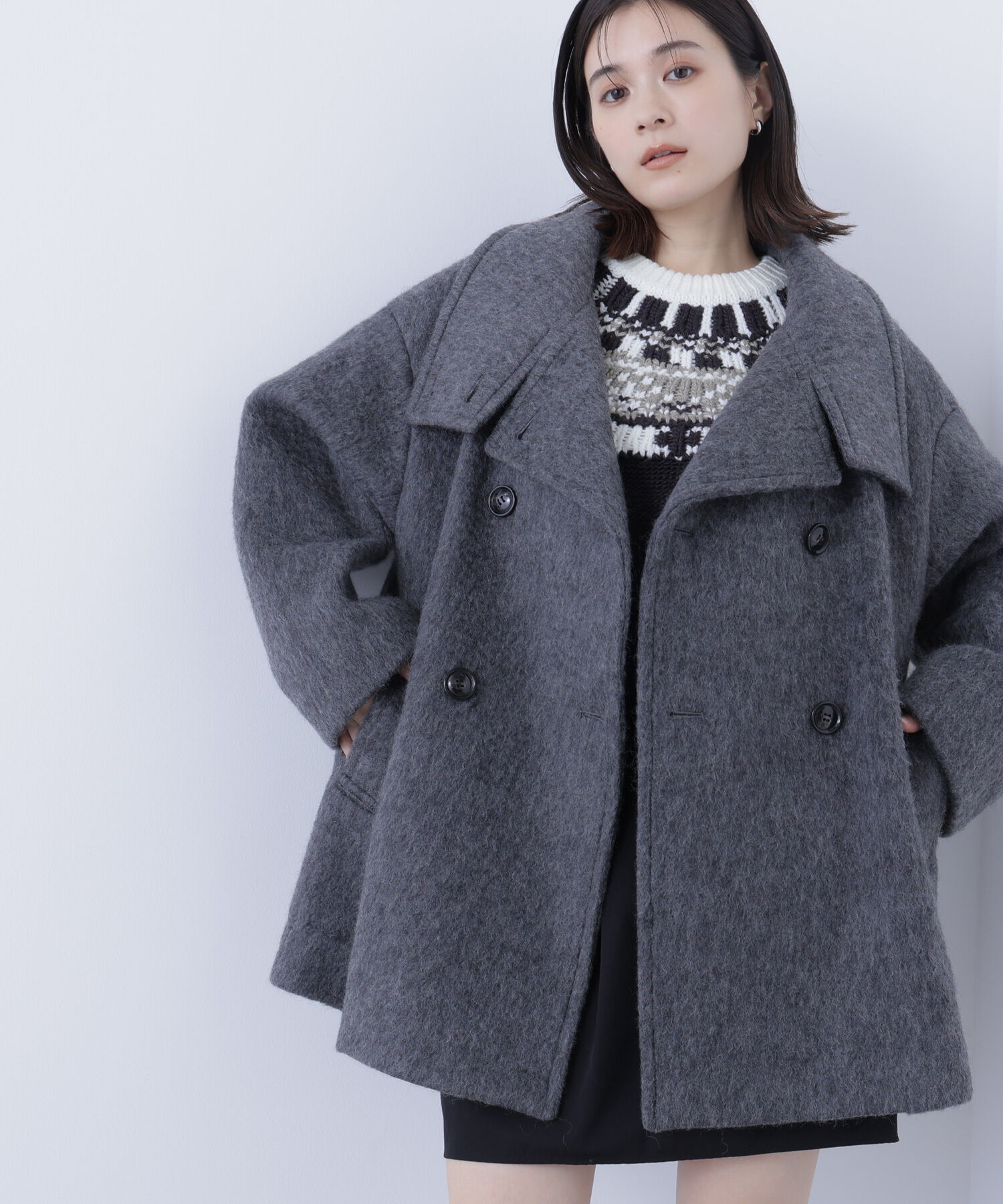  「スタンドネックシャギーミディコート」|ブルゾン・スタジャン|