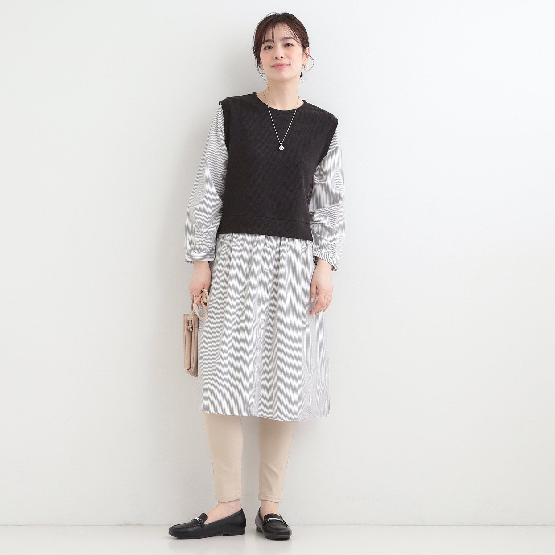 SHOO･LA･RUE「【S-LL/体型カバー】ストライプ柄ドッキングワンピース」|ワンピース|