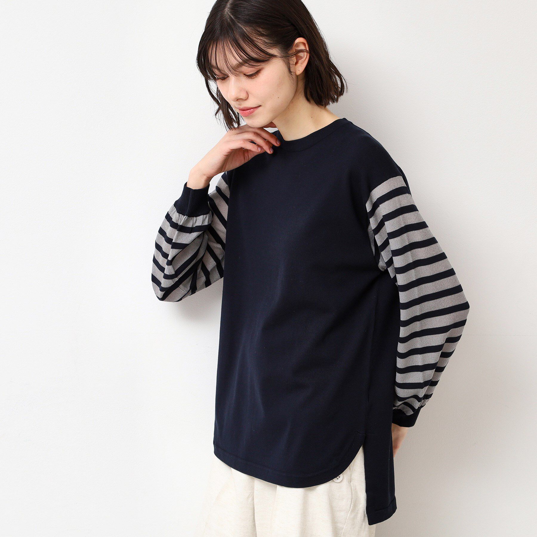 Dessin「【洗える】スリーブボーダーニット（S～L）」|ニット・セーター|ネイビー(094)