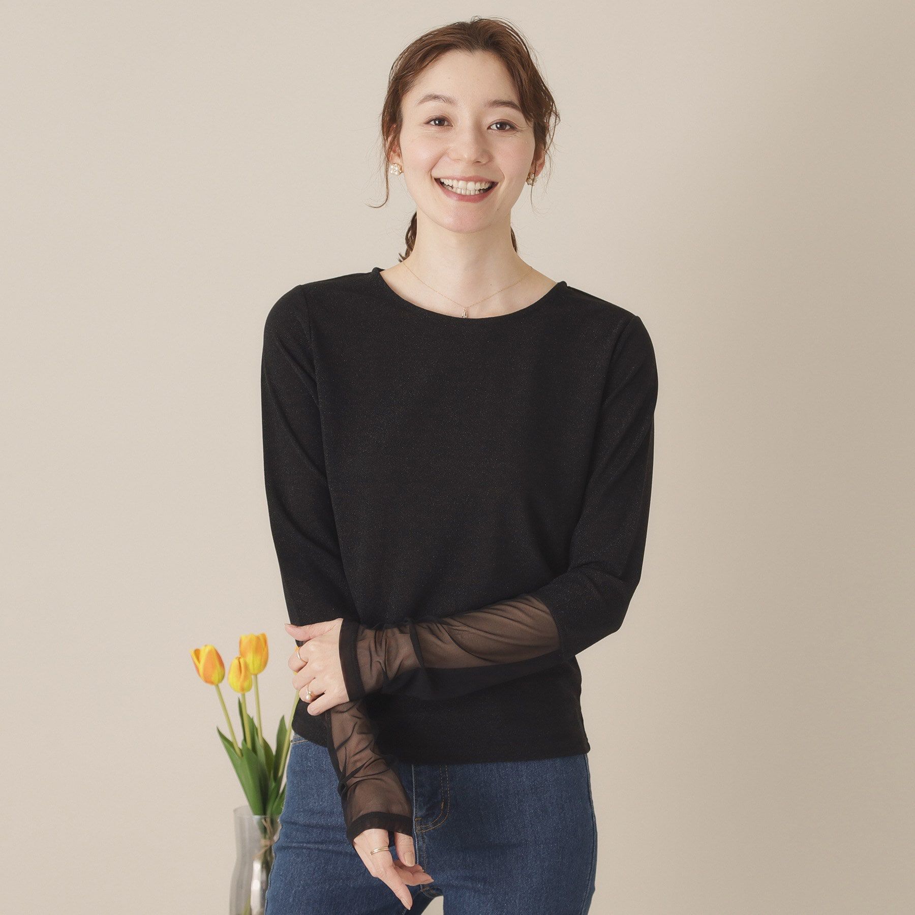 ITS&rsquo;DEMO「【手洗い可】袖シアーラメインナー」|Tシャツ・カットソー|ブラック(019)