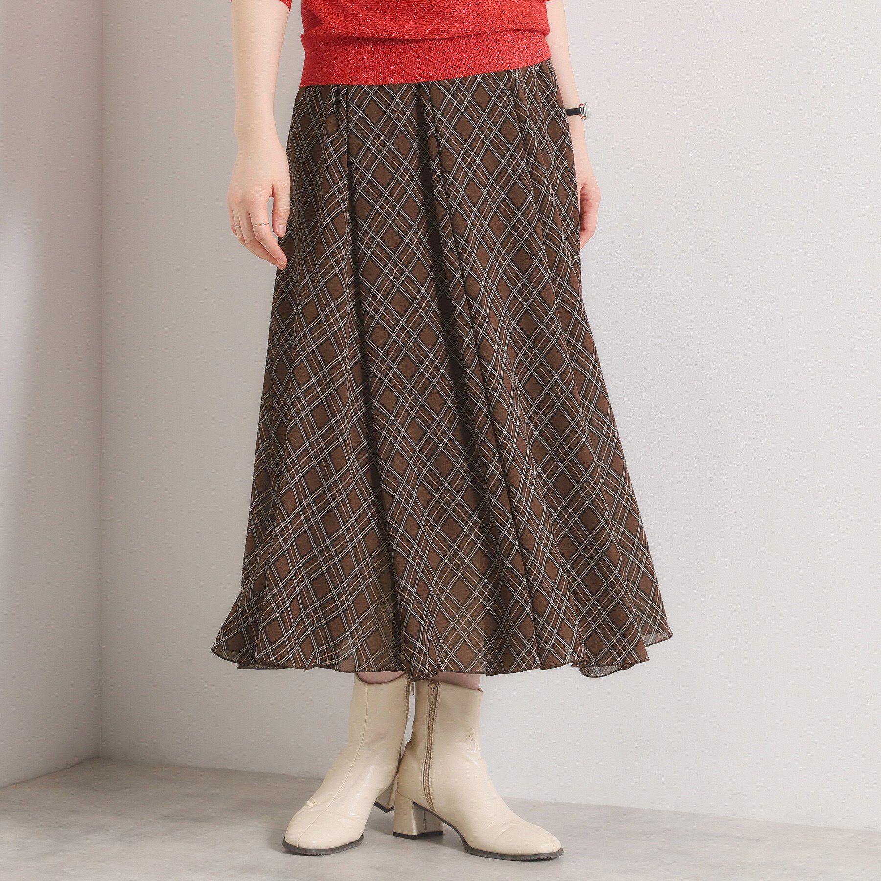 ITS&rsquo;DEMO「【手洗い可／ウエストゴム】シアーチェックフレアスカート」|スカート|ブラウン(143)