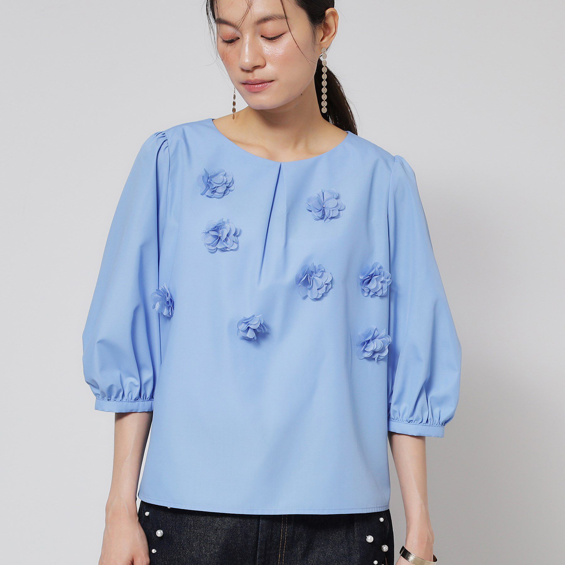 SunaUna「【接触冷感／フラワーモチーフ】パフスリーブブラウス」|シャツ・ブラウス|