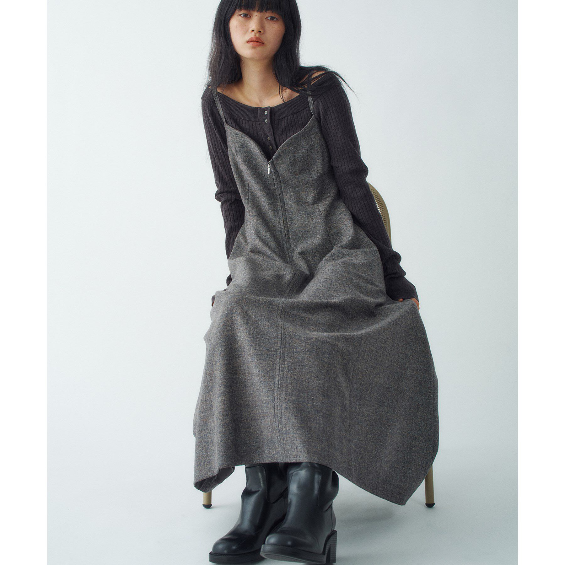 CODE A「tweed zip cami dress」|ワンピース|ネイビー(494)
