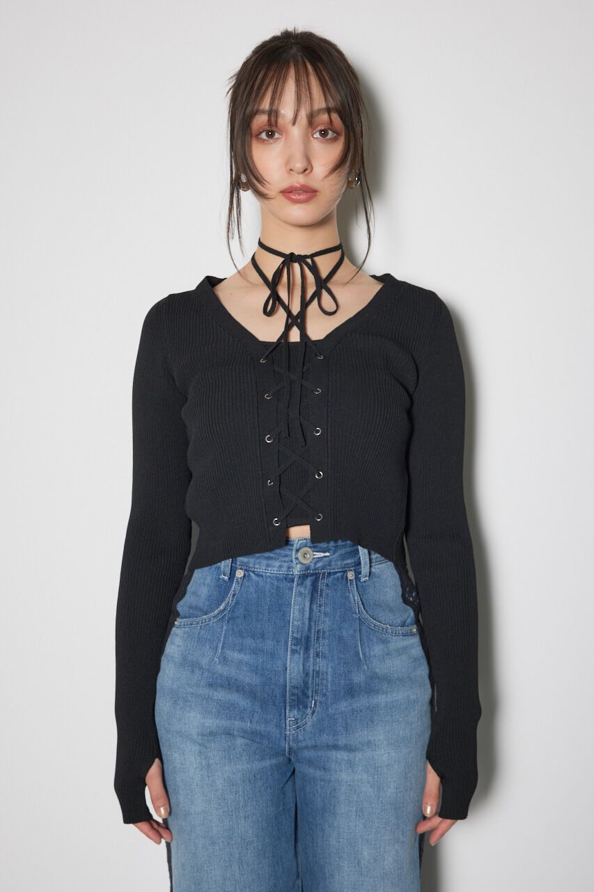 rienda「レースアップリブニットトップス」|ニット・セーター|