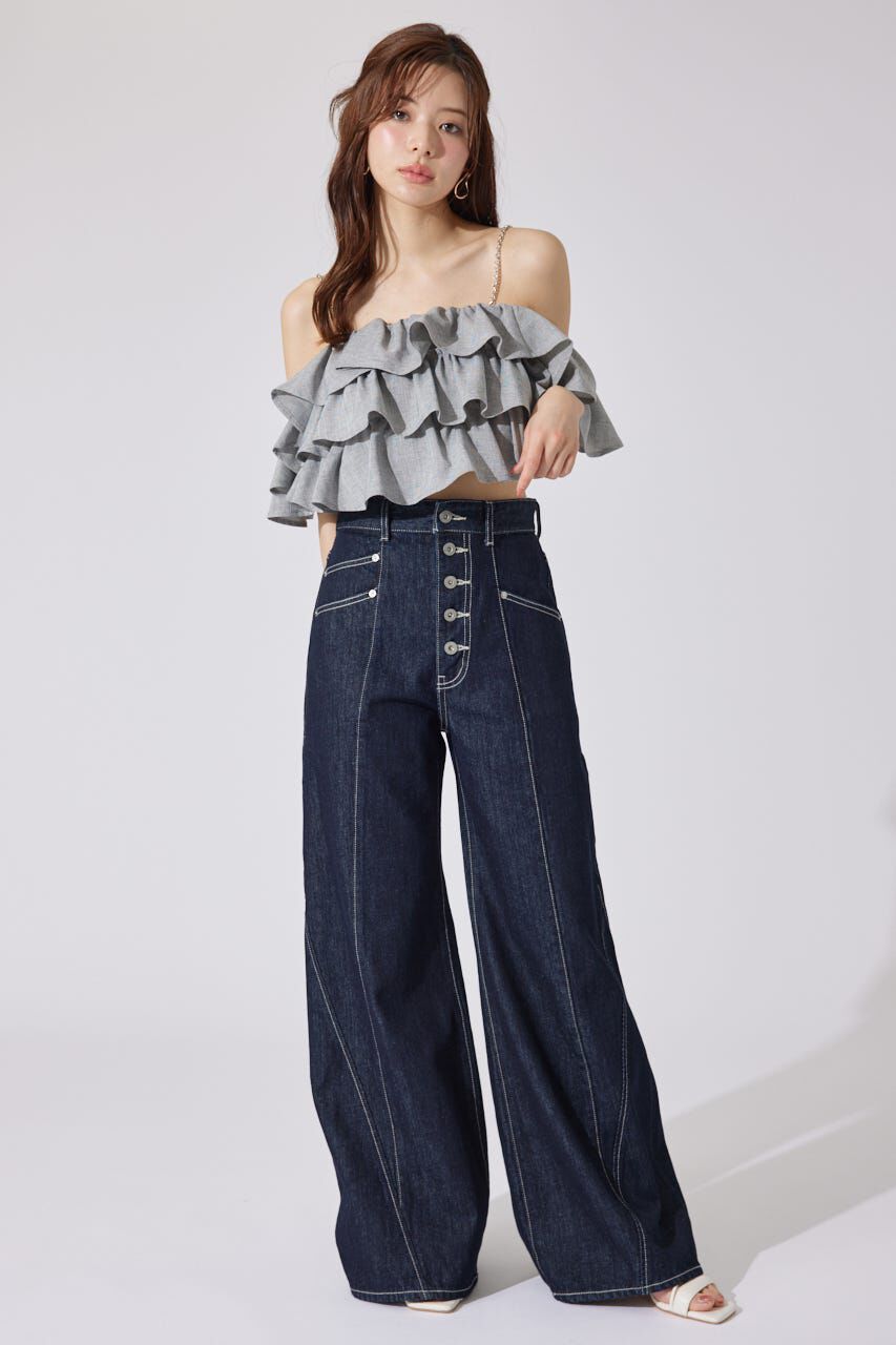 rienda「フロントボタンデザインハイウエストデニムパンツ」|デニム|