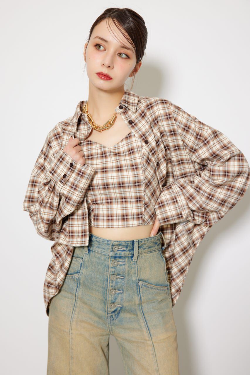 rienda「フロントショートチェックシャツ」|シャツ・ブラウス|BEG