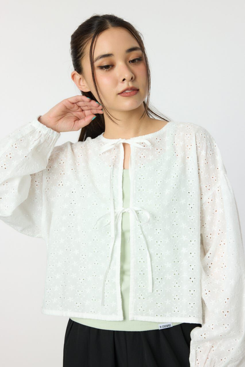 RODEO CROWNS「ノーカラーレースカーディガン」|シャツ・ブラウス|O/WHT1