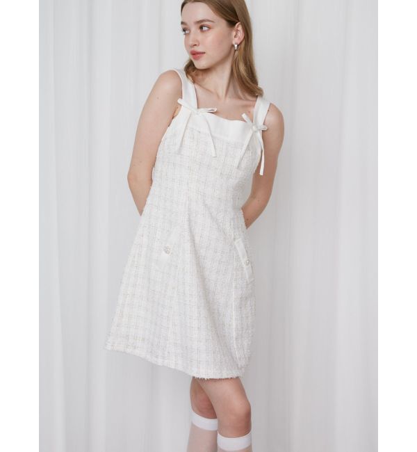 CALNAMUR「TWEED&times;DENIM BLOCKING RIBBON OP/ツイード&times;デニムブロッキングリボンワンピース」|ワンピース|