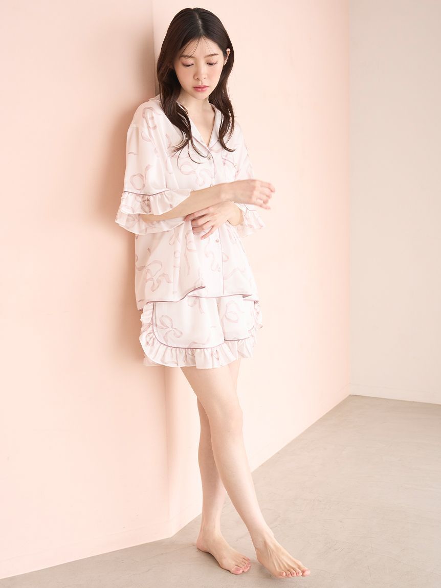 SNIDEL HOME「【Luxshine】【接触冷感】フリルリボン開襟シャツ」|ルームウェア|