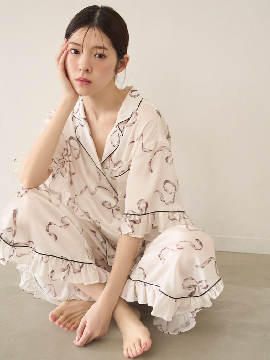 SNIDEL HOME「【Luxshine】【接触冷感】フリルリボン開襟シャツ」|ルームウェア|