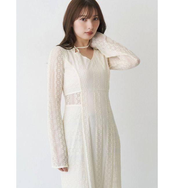 MERCURYDUO「カットレースブロッキングフレアスリーブマーメイドワンピース」|ワンピース|