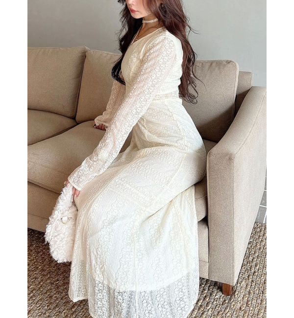 MERCURYDUO「カットレースブロッキングフレアスリーブマーメイドワンピース」|ワンピース|