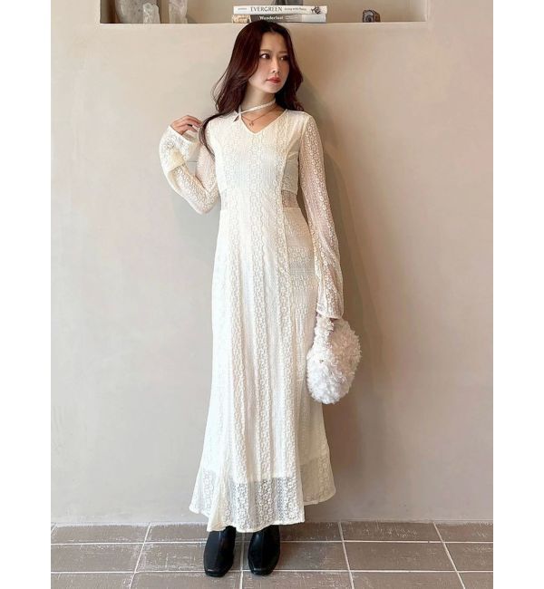 MERCURYDUO「カットレースブロッキングフレアスリーブマーメイドワンピース」|ワンピース|