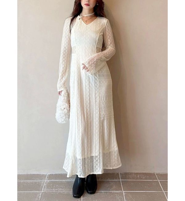 MERCURYDUO「カットレースブロッキングフレアスリーブマーメイドワンピース」|ワンピース|