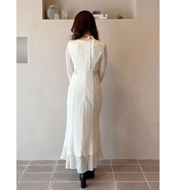 MERCURYDUO「カットレースブロッキングフレアスリーブマーメイドワンピース」|ワンピース|