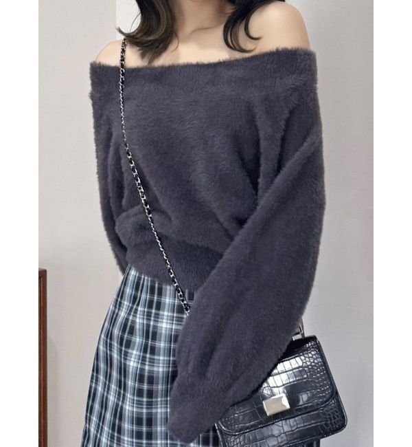 MERCURYDUO「ミニシャギーオフショルニット」|ニット・セーター|グレー