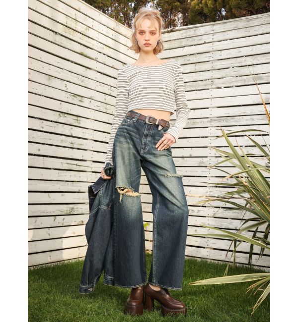 EVRIS「カットアウトワイドデニムパンツ【セットアップ着用可能】」|デニム|