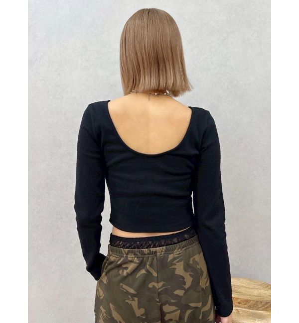 EVRIS「バックオープンショートリブトップス」|Tシャツ・カットソー|ブラック